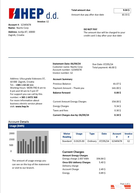 Croatia Hrvatska Elektroprivreda electricity business utility bill inword and pdf formats(2)